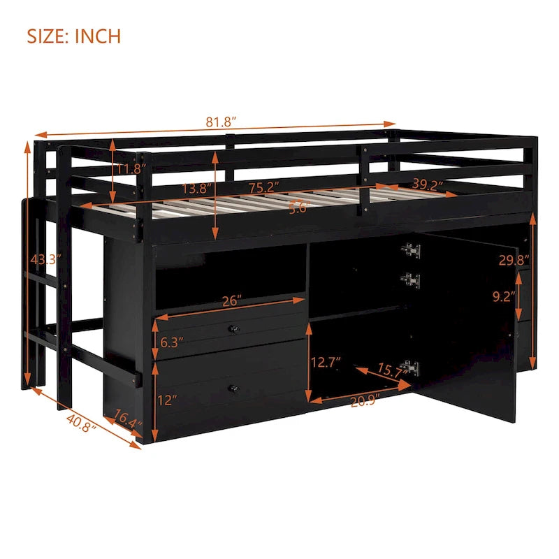 Cama alta de madera maciza Espresso Twin con cajones y armario