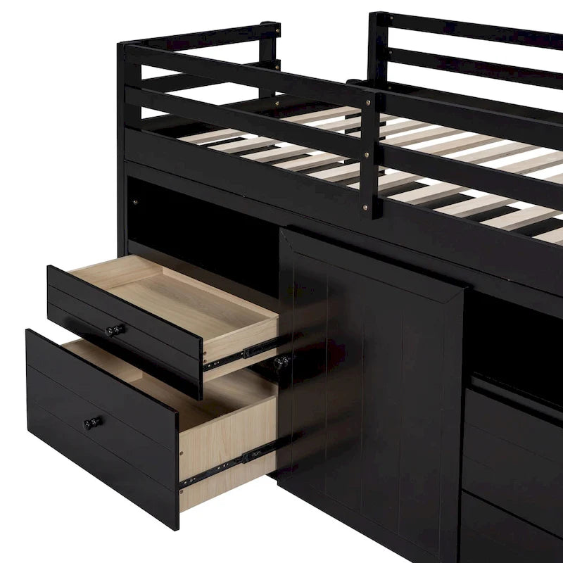 Cama alta de madera maciza Espresso Twin con cajones y armario