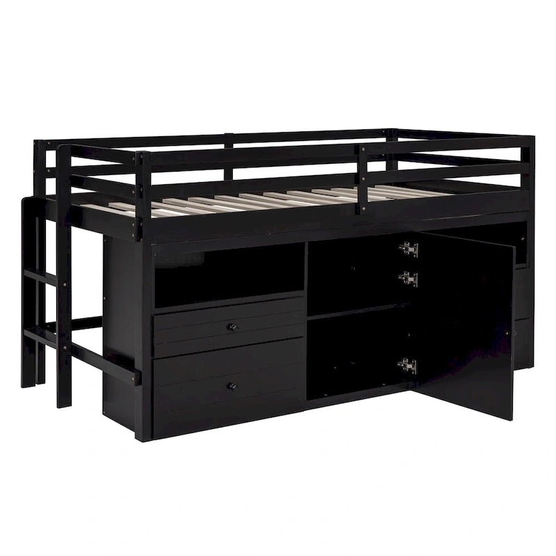Cama alta de madera maciza Espresso Twin con cajones y armario