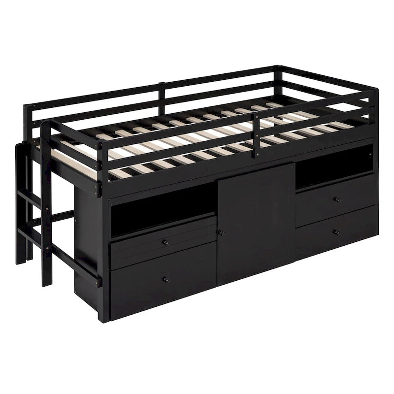 Cama alta de madera maciza Espresso Twin con cajones y armario