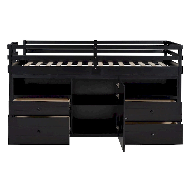 Cama alta de madera maciza Espresso Twin con cajones y armario
