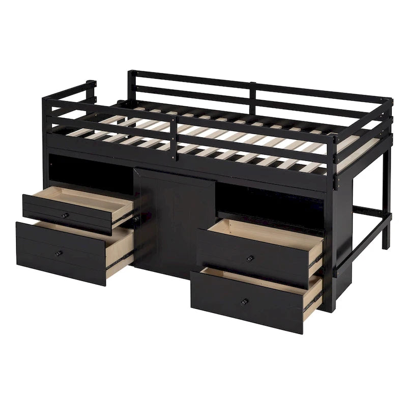 Cama alta de madera maciza Espresso Twin con cajones y armario