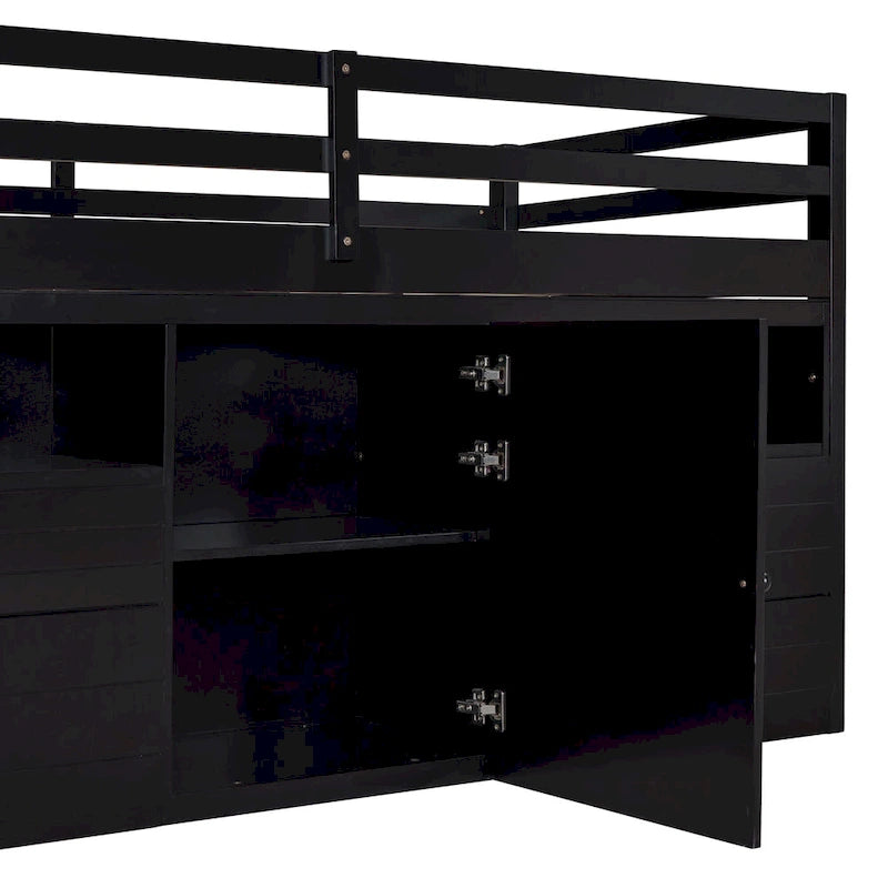 Cama alta de madera maciza Espresso Twin con cajones y armario