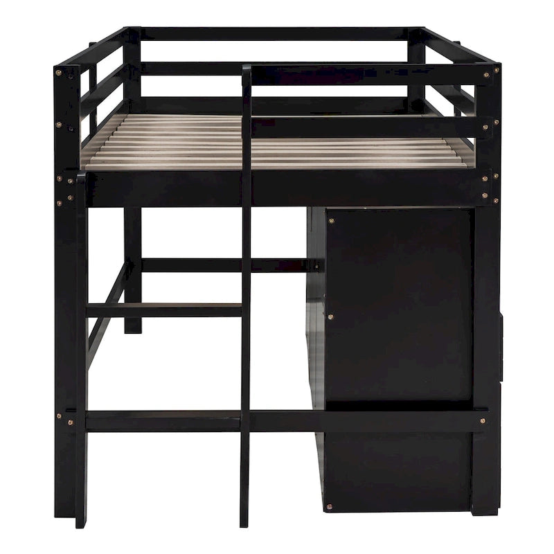 Cama alta de madera maciza Espresso Twin con cajones y armario