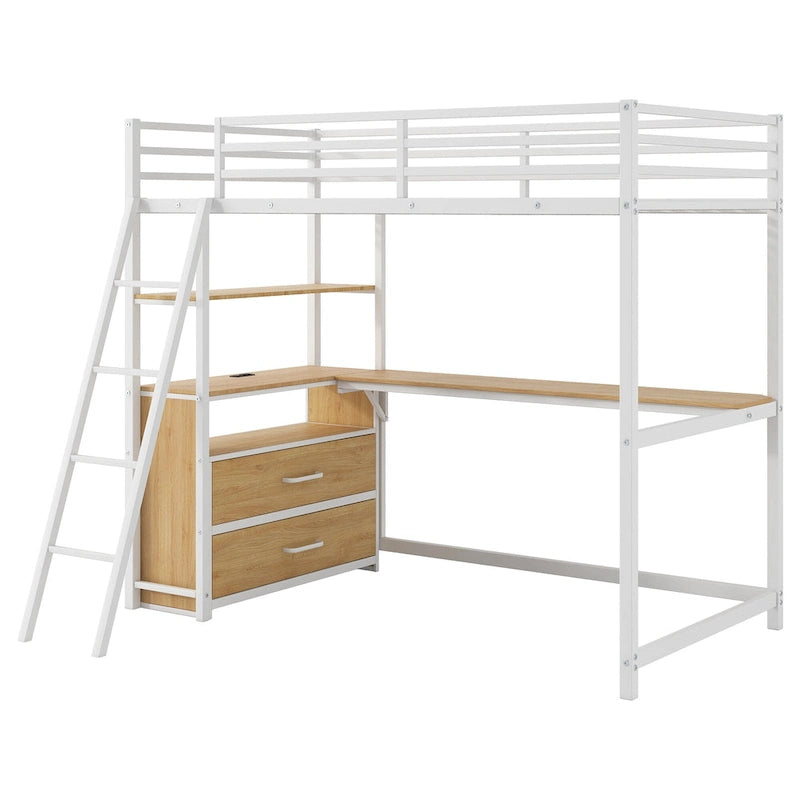 Cama alta de metal y madera doble, roble natural y blanco antiguo, con escritorio y luz LED
