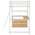 Cama alta de metal y madera doble, roble natural y blanco antiguo, con escritorio y luz LED