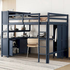 Cama alta de madera de pino tamaño matrimonial azul oscuro con gabinete, estantería y escritorio