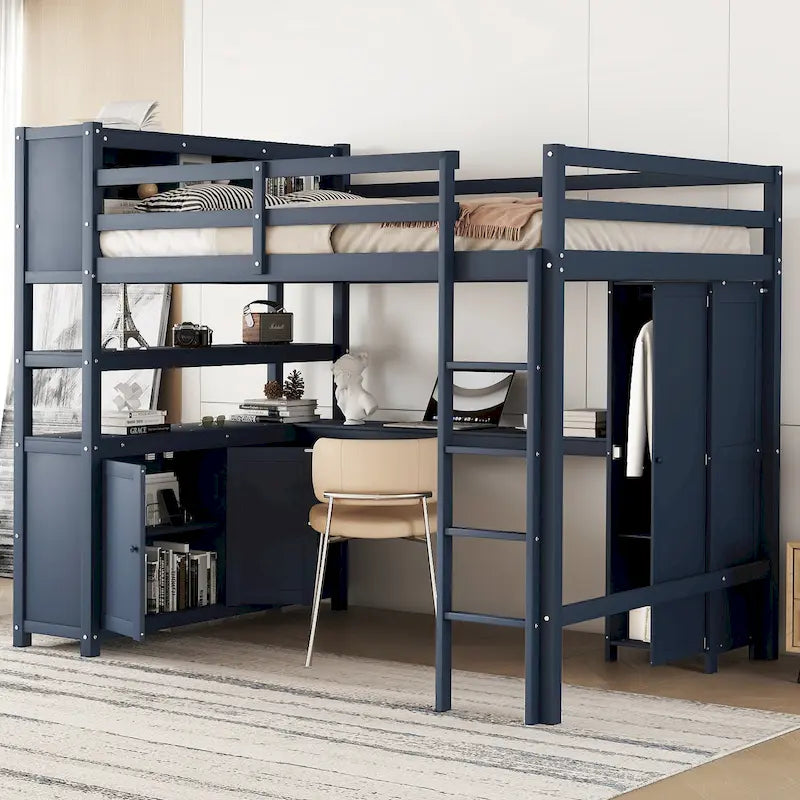 Cama alta de madera de pino tamaño matrimonial azul oscuro con gabinete, estantería y escritorio