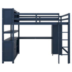 Cama alta de madera de pino tamaño matrimonial azul oscuro con gabinete, estantería y escritorio