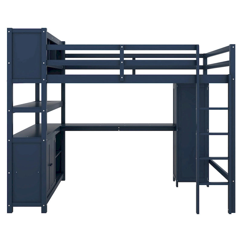 Cama alta de madera de pino tamaño matrimonial azul oscuro con gabinete, estantería y escritorio