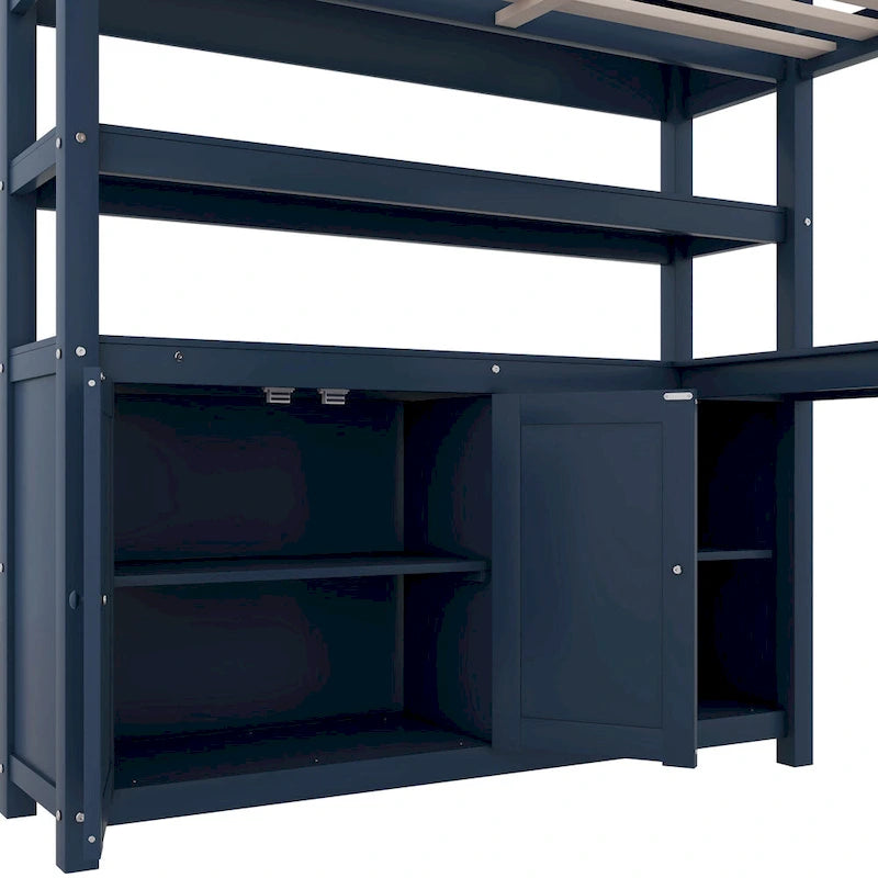 Cama alta de madera de pino tamaño matrimonial azul oscuro con gabinete, estantería y escritorio