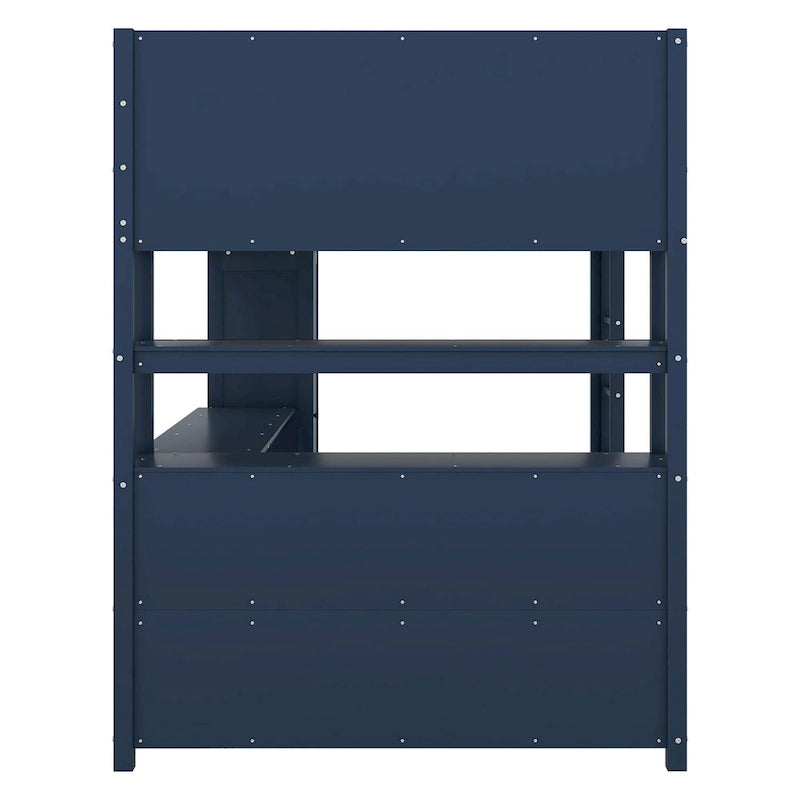 Cama alta de madera de pino tamaño matrimonial azul oscuro con gabinete, estantería y escritorio