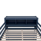 Cama alta de madera de pino tamaño matrimonial azul oscuro con gabinete, estantería y escritorio
