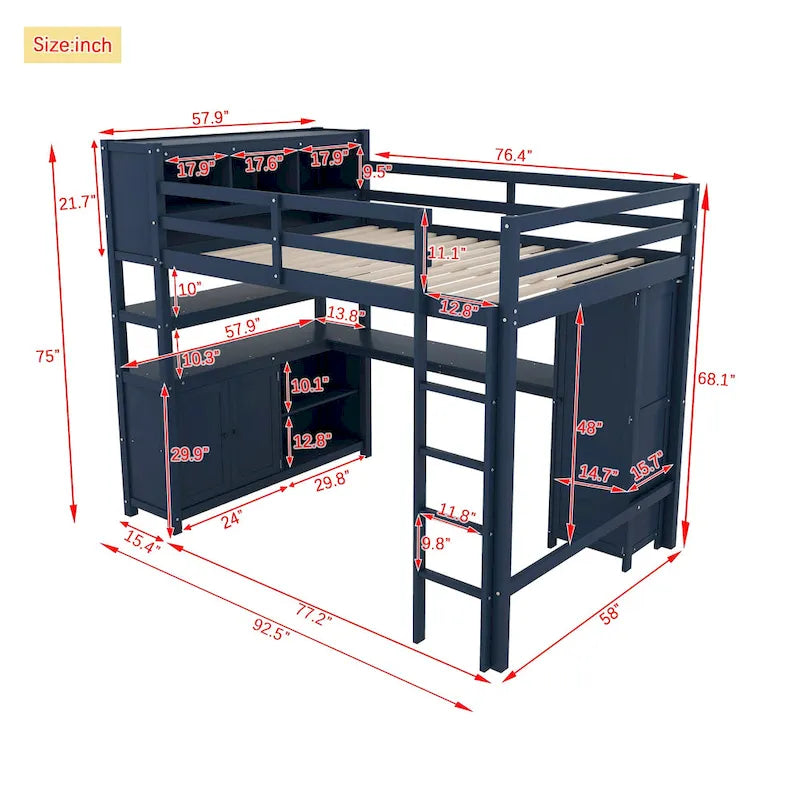 Cama alta de madera de pino tamaño matrimonial azul oscuro con gabinete, estantería y escritorio