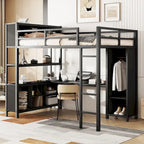 Black Full Size Metal Loft Bed with Wardrobe, Desk, and Storage Shelves