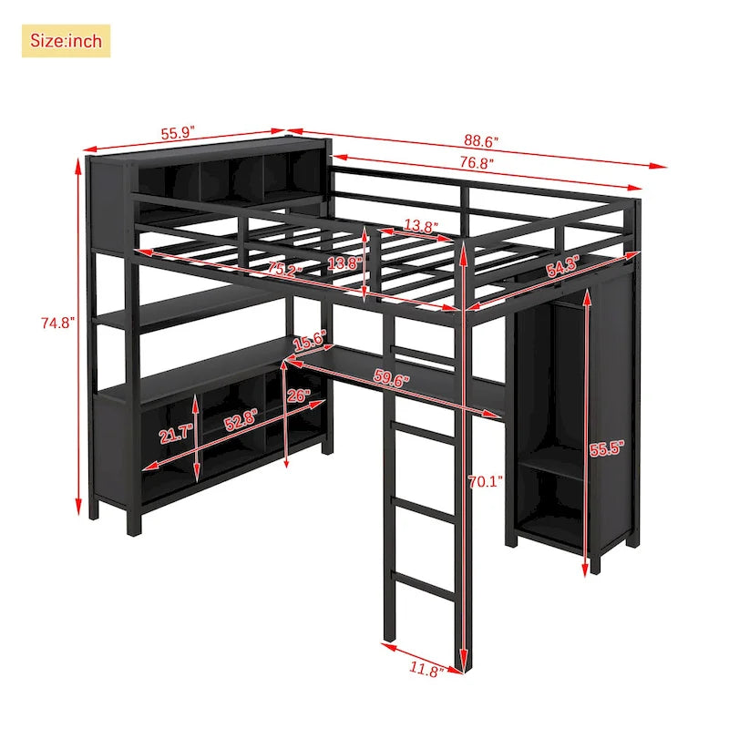 Cama alta de metal negra de tamaño completo con armario, escritorio y estantes de almacenamiento