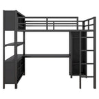 Cama alta de metal negra de tamaño completo con armario, escritorio y estantes de almacenamiento