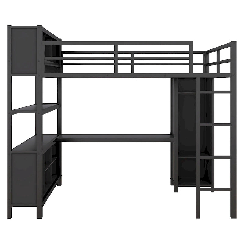 Cama alta de metal negra de tamaño completo con armario, escritorio y estantes de almacenamiento