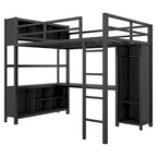 Cama alta de metal negra de tamaño completo con armario, escritorio y estantes de almacenamiento