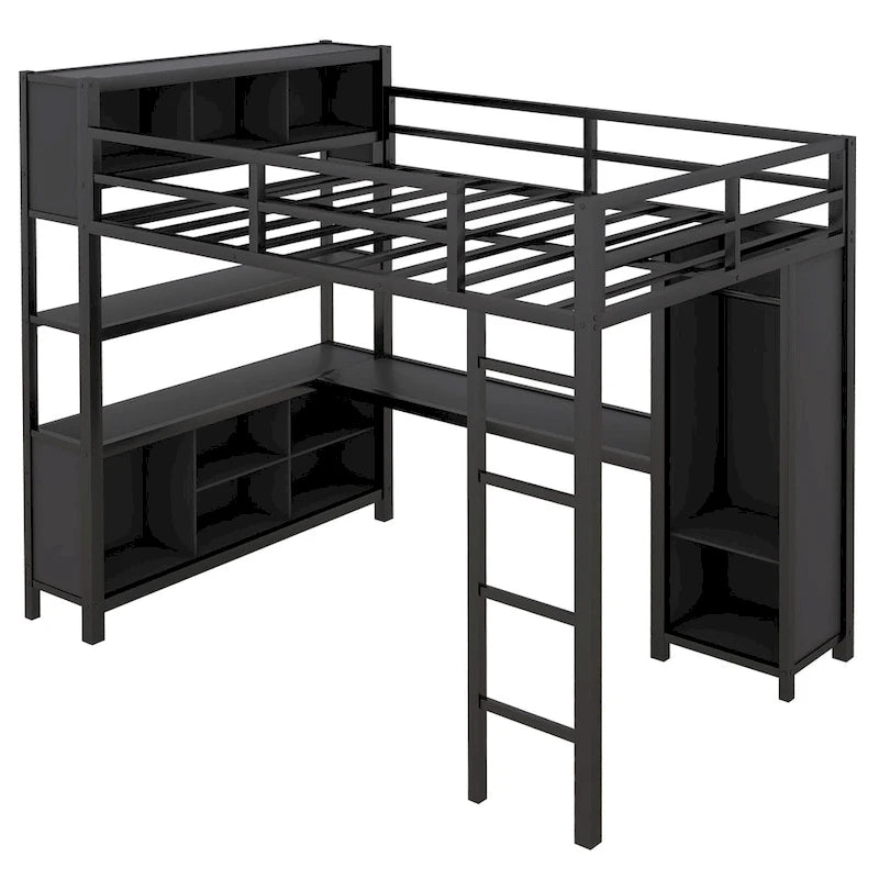 Cama alta de metal negra de tamaño completo con armario, escritorio y estantes de almacenamiento