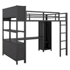 Cama alta de metal negra de tamaño completo con armario, escritorio y estantes de almacenamiento