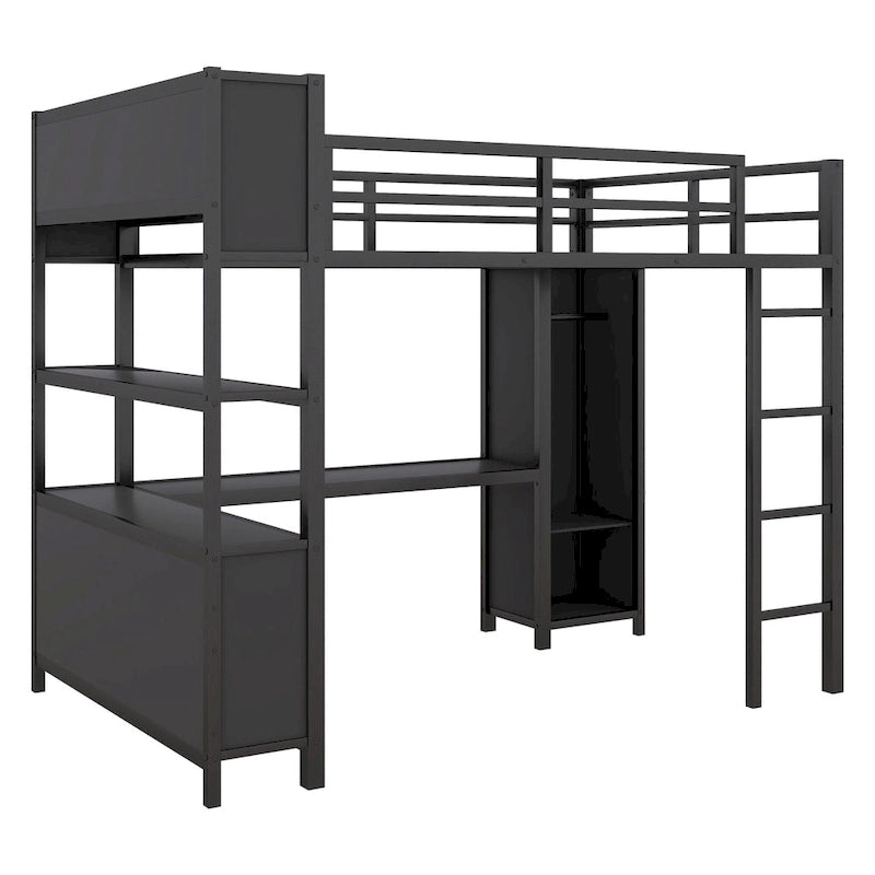 Cama alta de metal negra de tamaño completo con armario, escritorio y estantes de almacenamiento