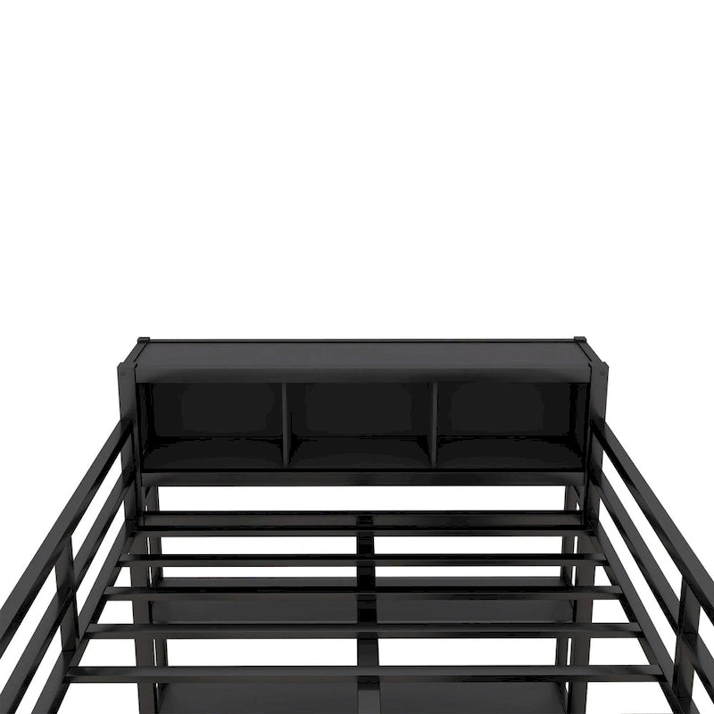 Cama alta de metal negra de tamaño completo con armario, escritorio y estantes de almacenamiento