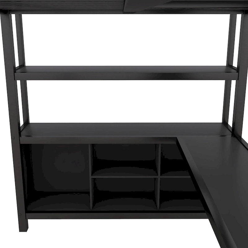 Cama alta de metal negra de tamaño completo con armario, escritorio y estantes de almacenamiento