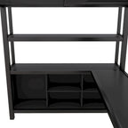 Cama alta de metal negra de tamaño completo con armario, escritorio y estantes de almacenamiento