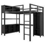 Cama alta de metal negra de tamaño completo con armario, escritorio y estantes de almacenamiento