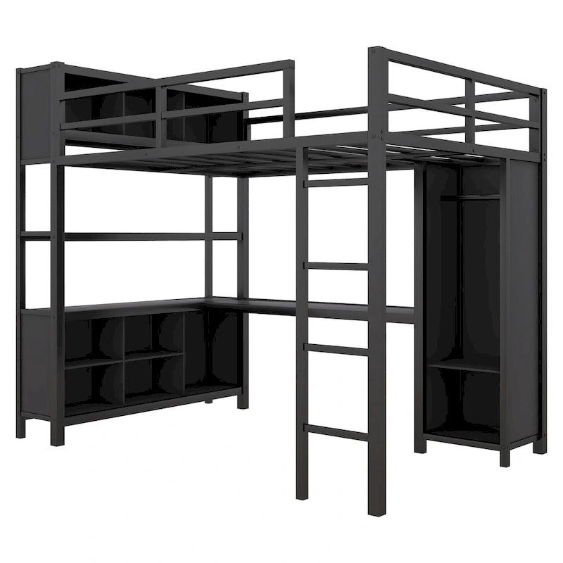 Cama alta de metal negra de tamaño completo con armario, escritorio y estantes de almacenamiento
