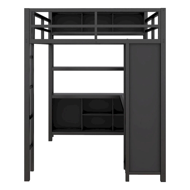 Cama alta de metal negra de tamaño completo con armario, escritorio y estantes de almacenamiento