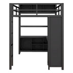 Cama alta de metal negra de tamaño completo con armario, escritorio y estantes de almacenamiento