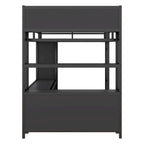 Cama alta de metal negra de tamaño completo con armario, escritorio y estantes de almacenamiento