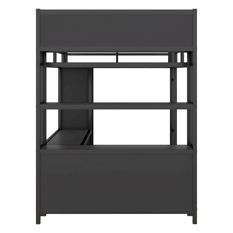 Cama alta de metal negra de tamaño completo con armario, escritorio y estantes de almacenamiento