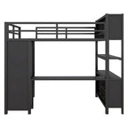 Cama alta de metal negra de tamaño completo con armario, escritorio y estantes de almacenamiento