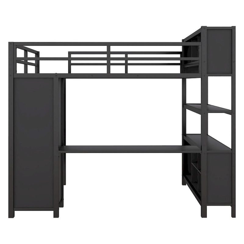 Cama alta de metal negra de tamaño completo con armario, escritorio y estantes de almacenamiento