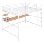Cama alta de metal blanca de tamaño completo con escritorio, escalera y estante