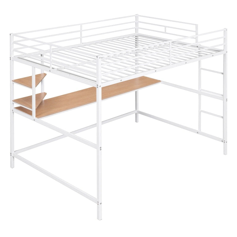 Cama alta de metal blanca de tamaño completo con escritorio, escalera y estante
