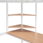 Cama alta de metal blanca de tamaño completo con escritorio, escalera y estante