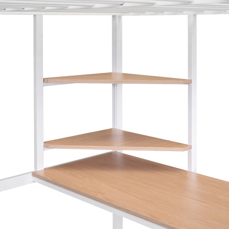 Cama alta de metal blanca de tamaño completo con escritorio, escalera y estante