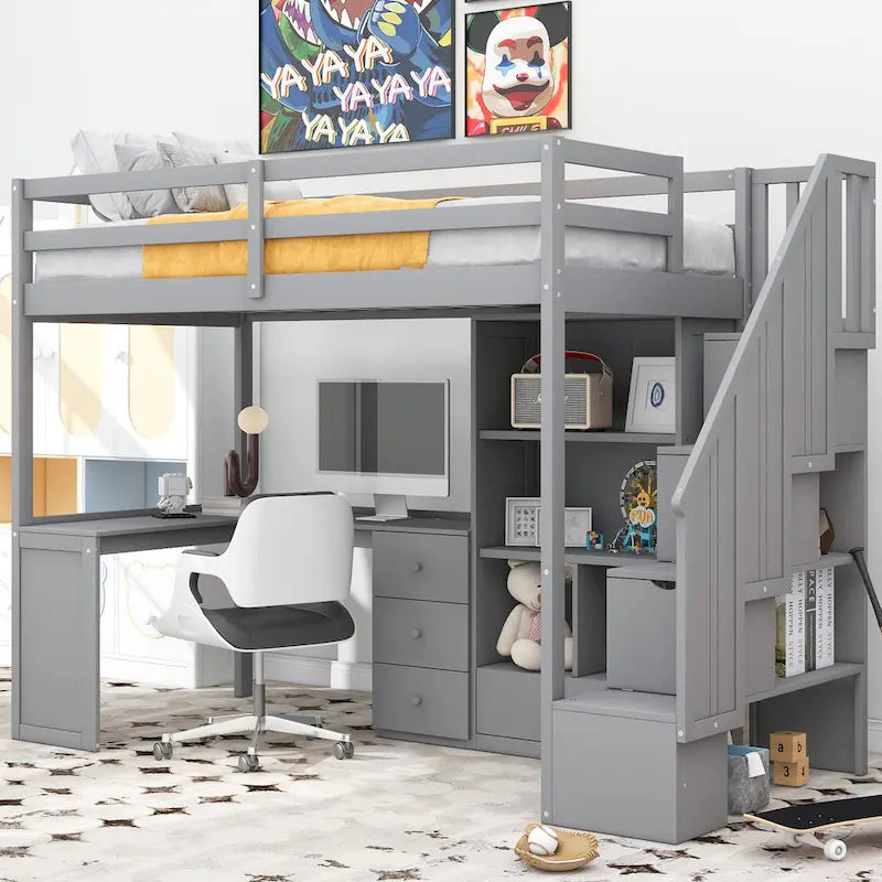 Cama alta Twin Pine con escritorio en forma de L