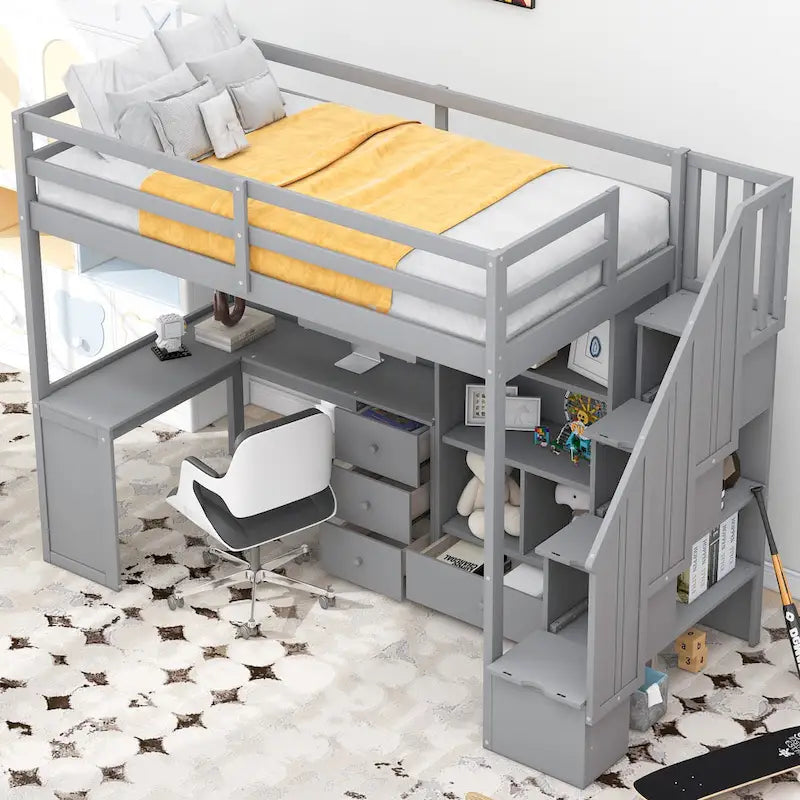 Cama alta Twin Pine con escritorio en forma de L