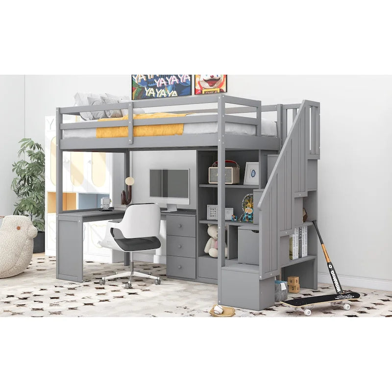 Cama alta Twin Pine con escritorio en forma de L