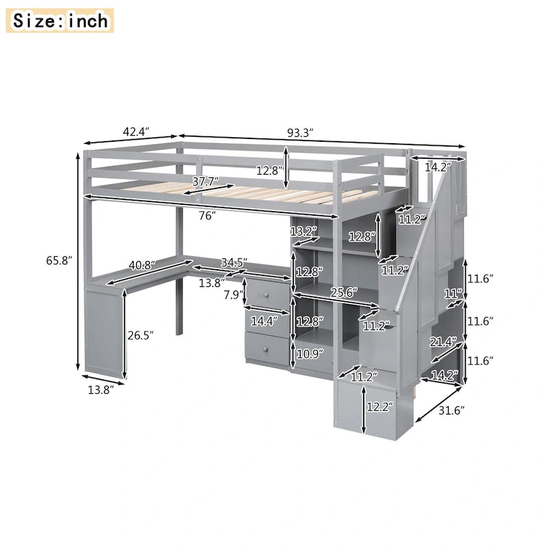 Cama alta Twin Pine con escritorio en forma de L