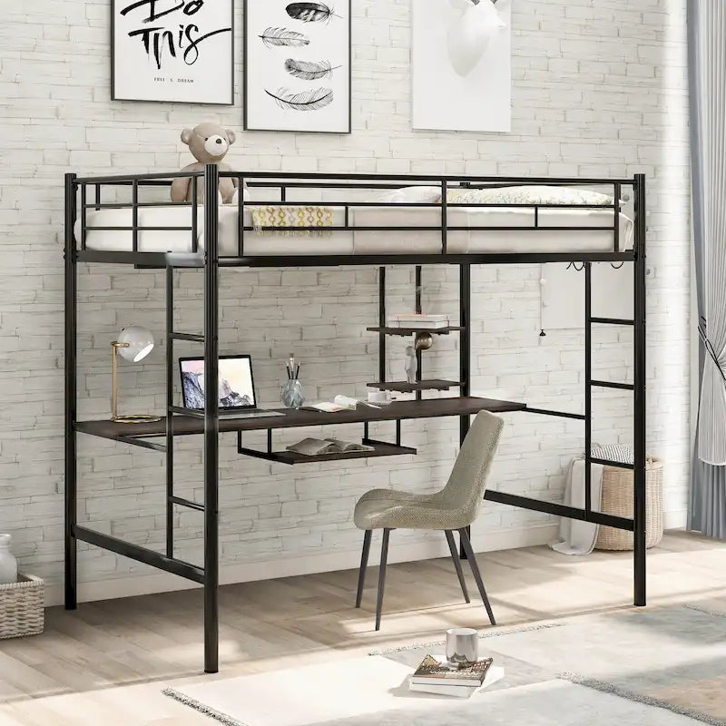 Cama loft de metal negra de tamaño completo con escritorio y estantería para niños