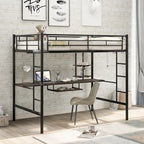 Cama loft de metal negra de tamaño completo con escritorio y estantería para niños