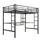 Cama loft de metal negra de tamaño completo con escritorio y estantería para niños