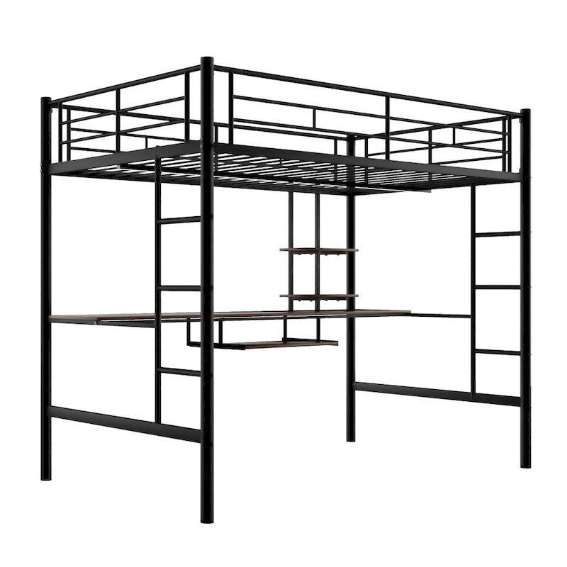 Cama loft de metal negra de tamaño completo con escritorio y estantería para niños