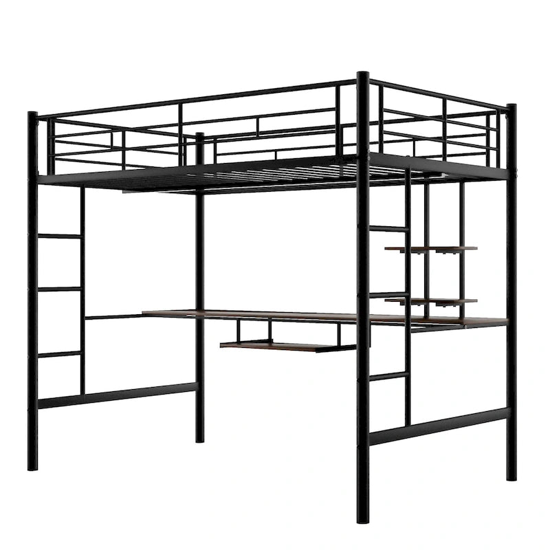 Cama loft de metal negra de tamaño completo con escritorio y estantería para niños